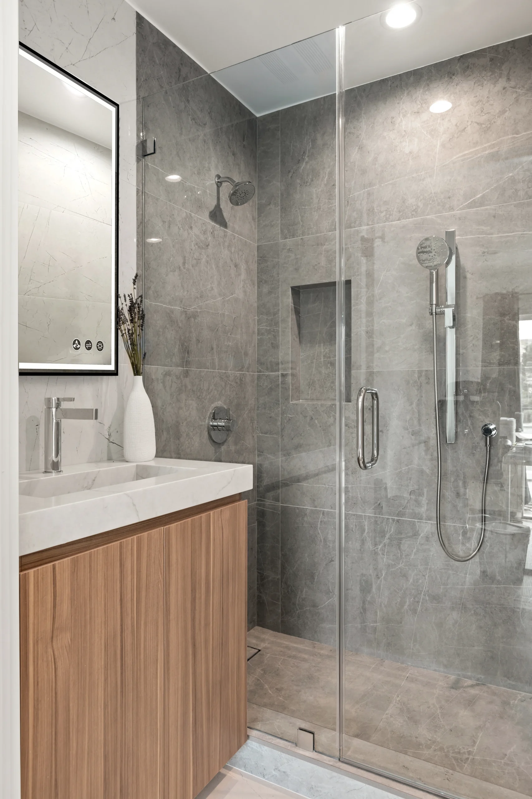Bathroom Gray Tile Shower Wood Vanity, Agoura Hills Interior Design, Interior Conception