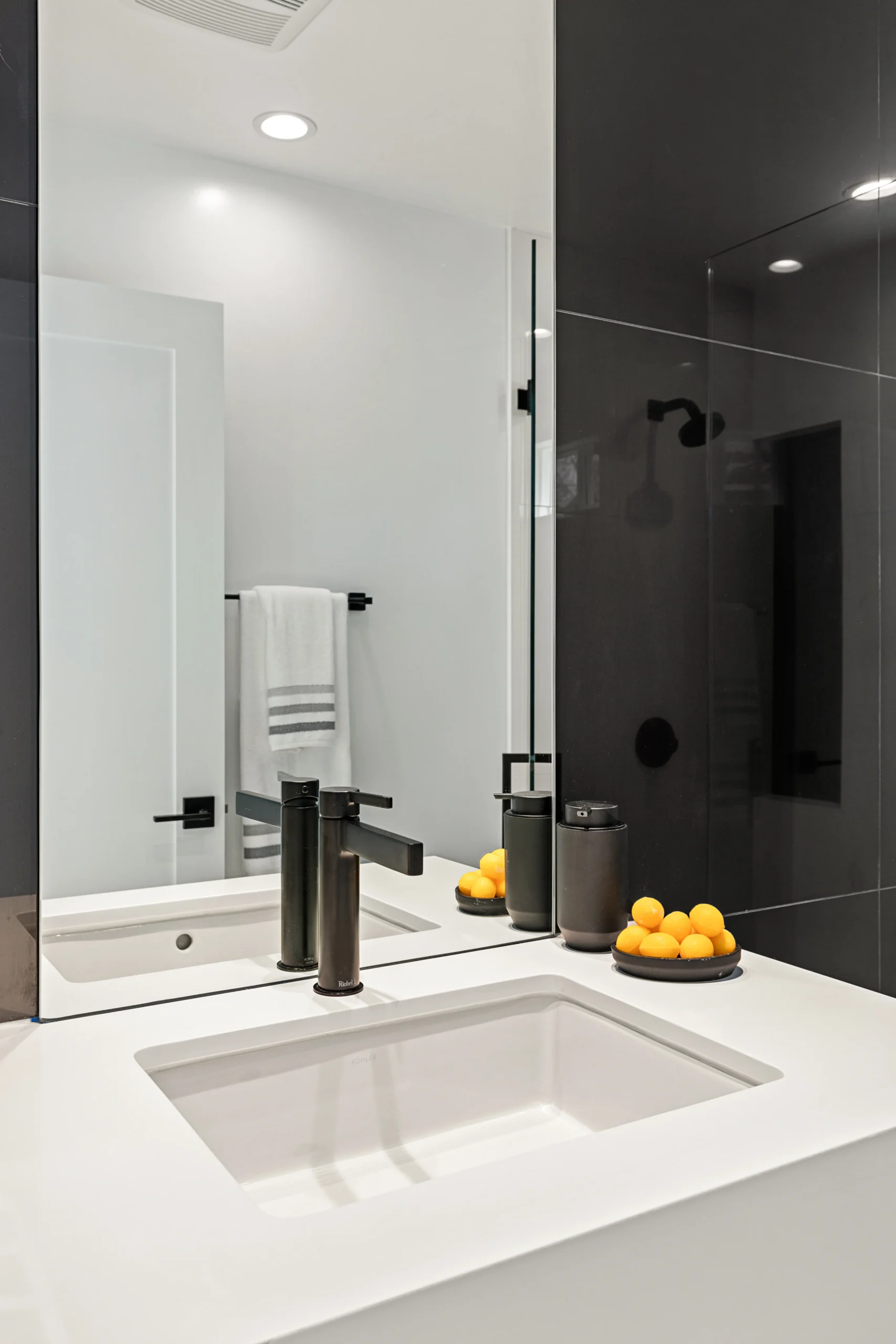 Bathroom White Vanity Black Shower, Agoura Hills Interior Design, Interior Conception