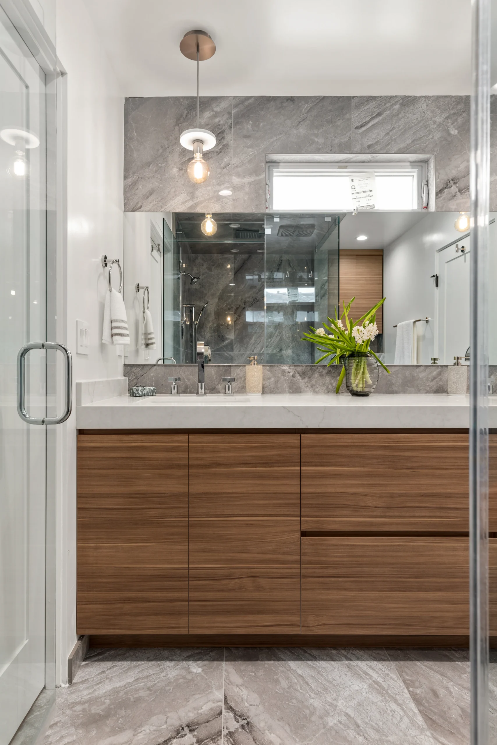 Bathroom Wood Vanity Glass Shower, Agoura Hills Interior Design, Interior Conception