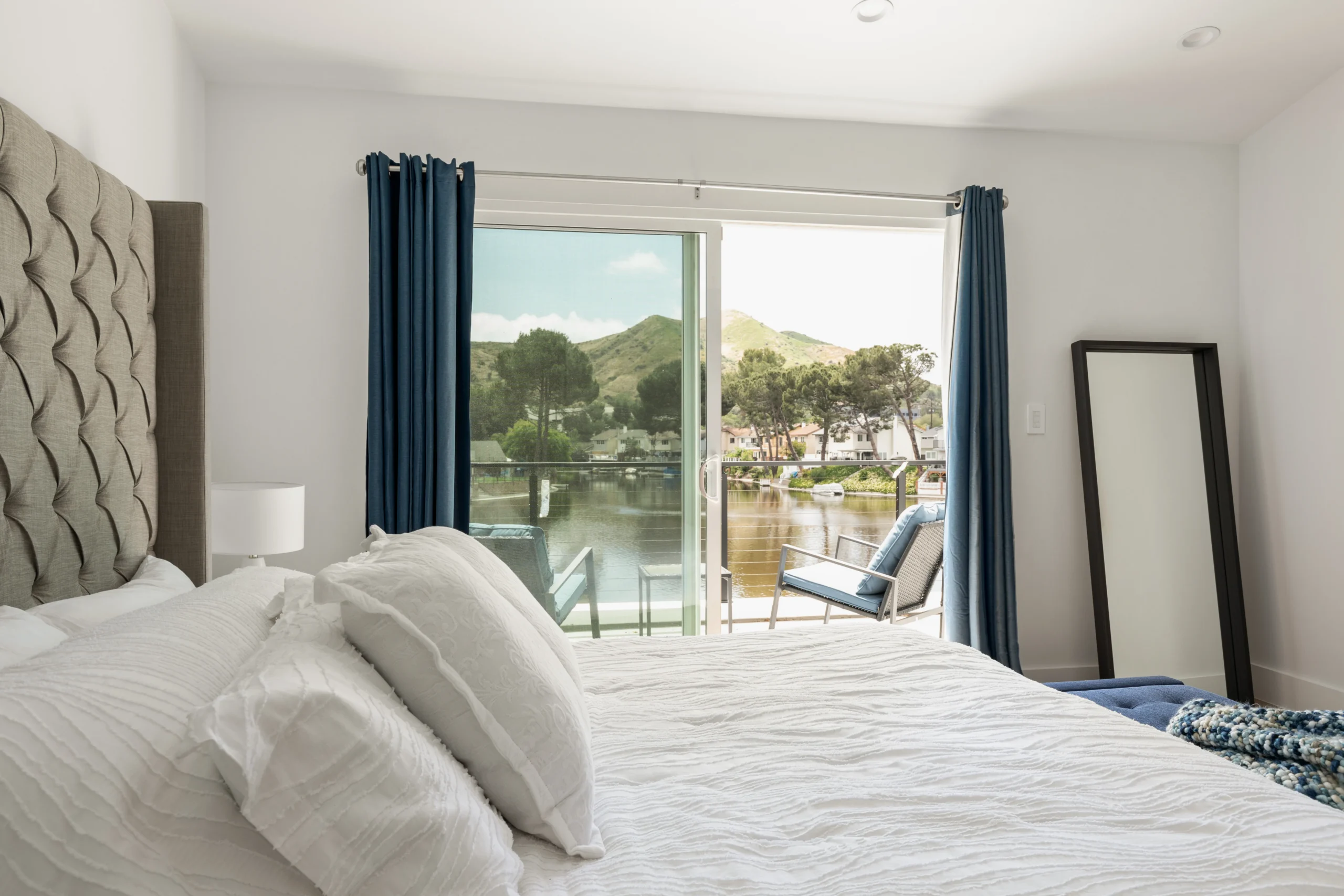 Bedroom Blue Drapery Lake View, Agoura Hills Interior Design, Interior Conception