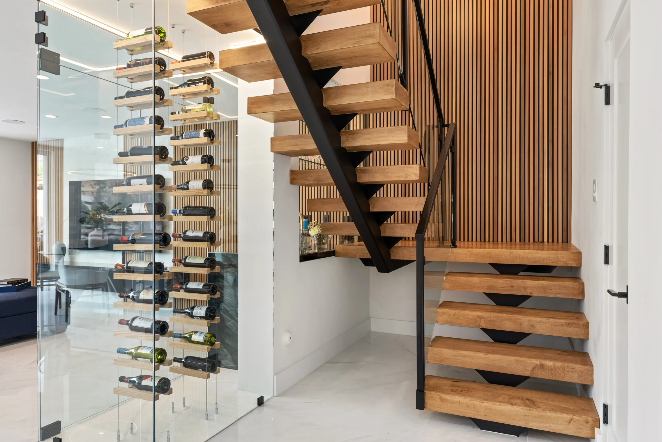 Floating Staircase Wood Slat Detail, Agoura Hills Interior Design, Interior Conception