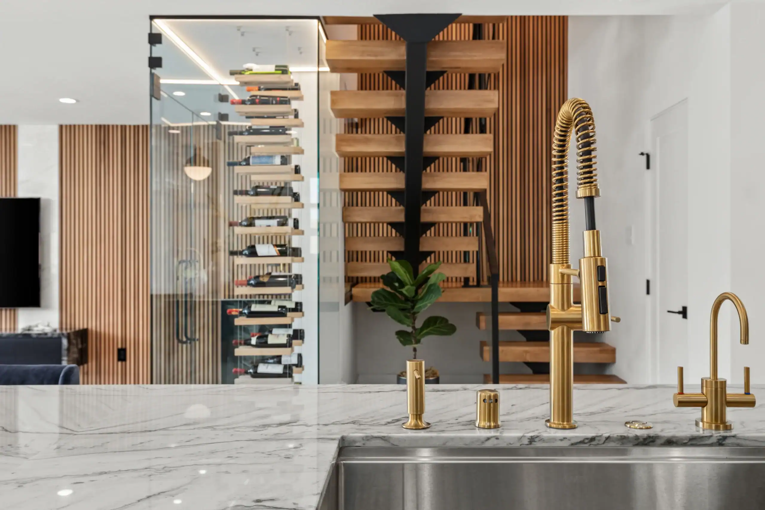 Kitchen Brass Faucet Staircase View, Agoura Hills Interior Design, Interior Conception