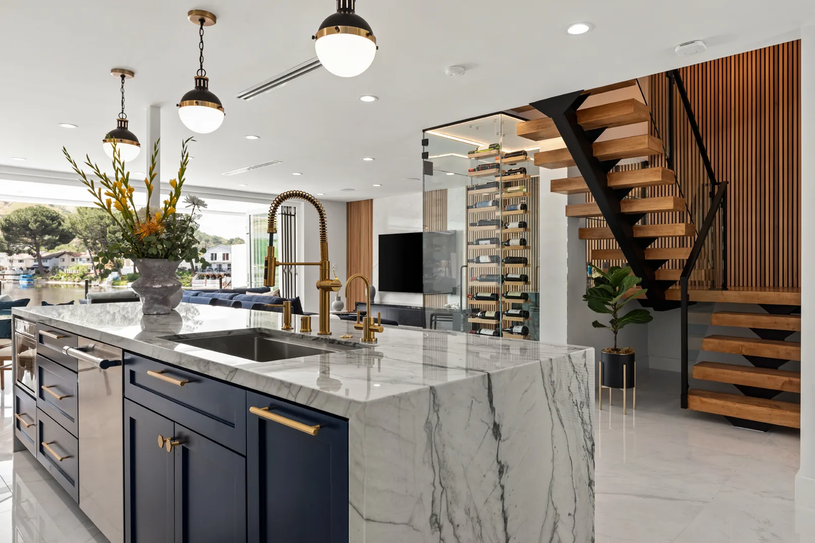Kitchen Island Staircase Wine Display, Agoura Hills Interior Design, Interior Conception