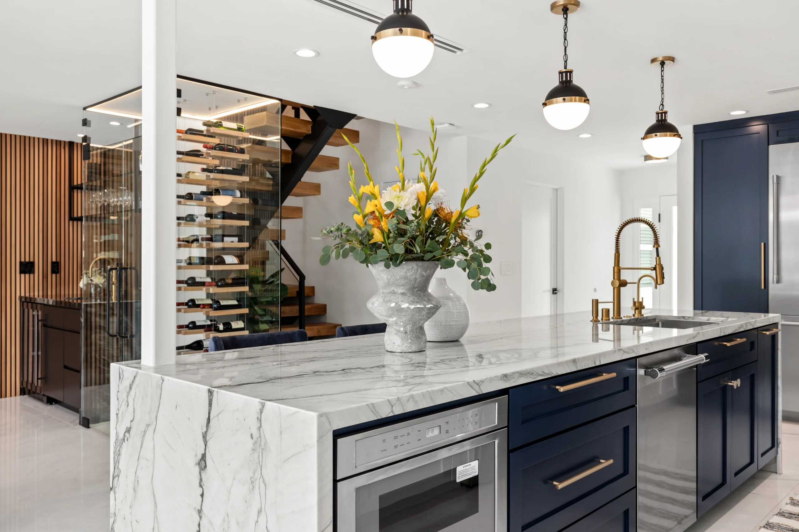 Kitchen Waterfall Island Brass Faucet, Agoura Hills Interior Design, Interior Conception