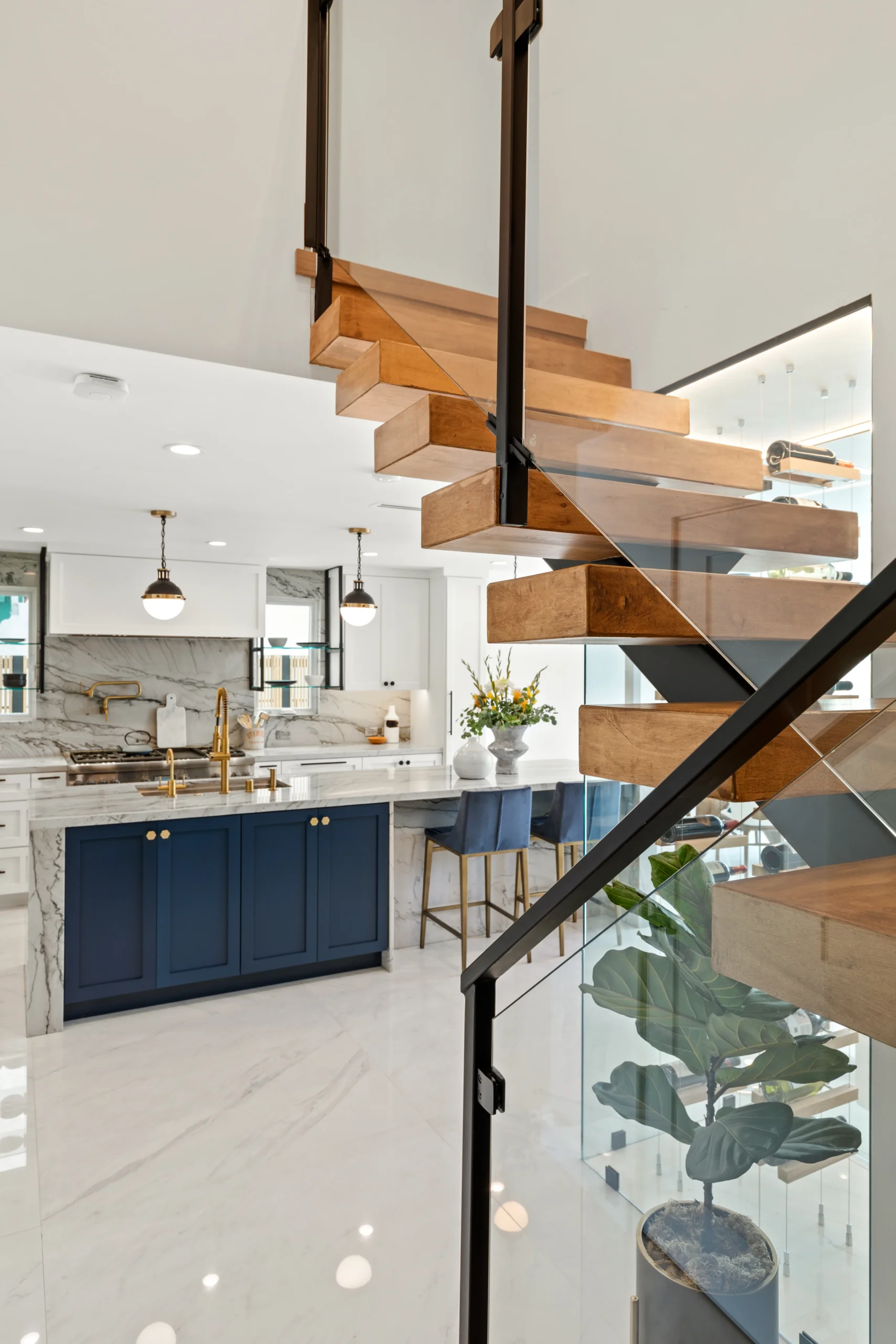 Staircase Glass Railing Kitchen View, Agoura Hills Interior Design, Interior Conception