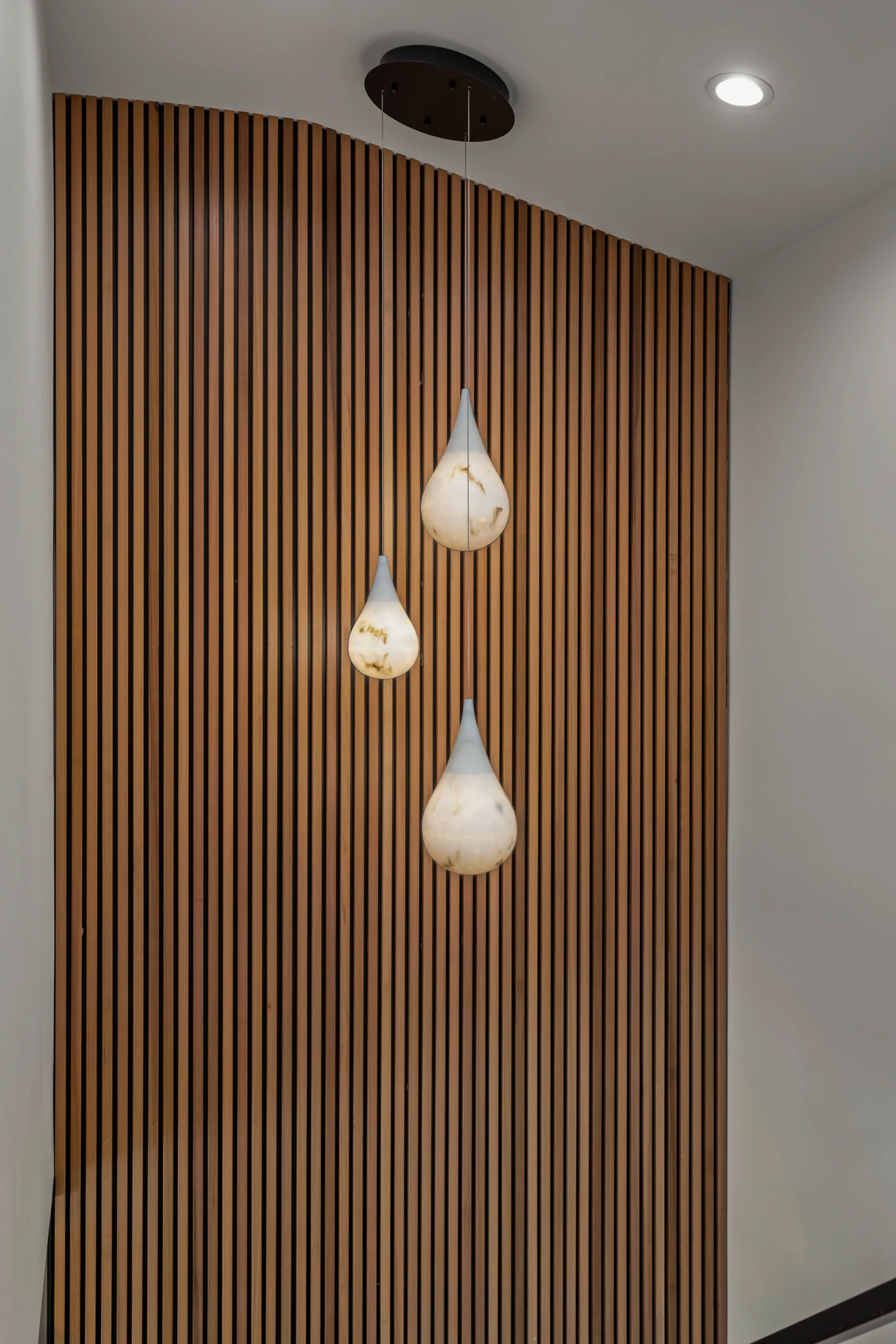 Stairwell Pendant Lights Wood Slat Wall, Agoura Hills Interior Design, Interior Conception