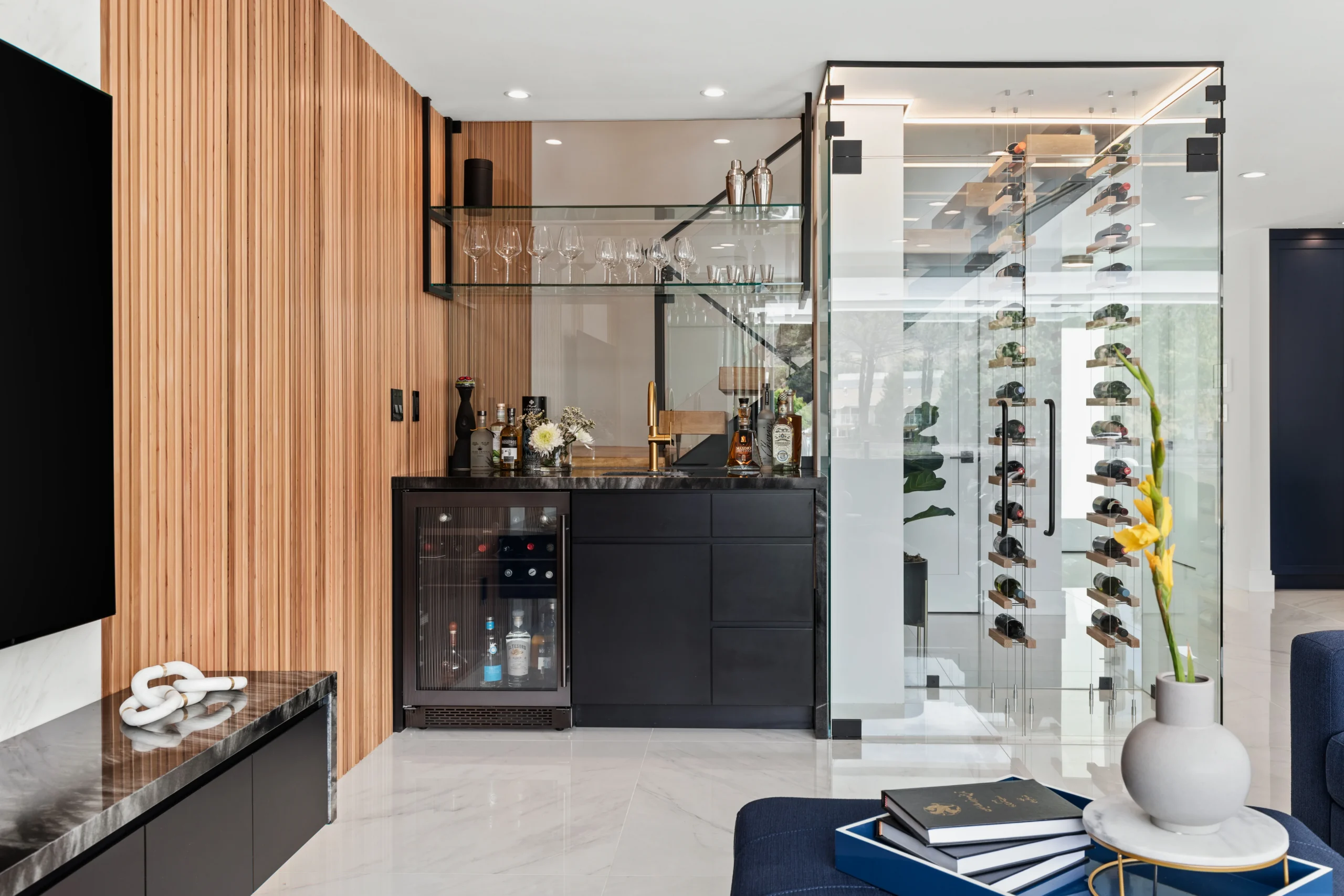 Wine Bar Glass Display Wood Slat Wall, Agoura Hills Interior Design, Interior Conception