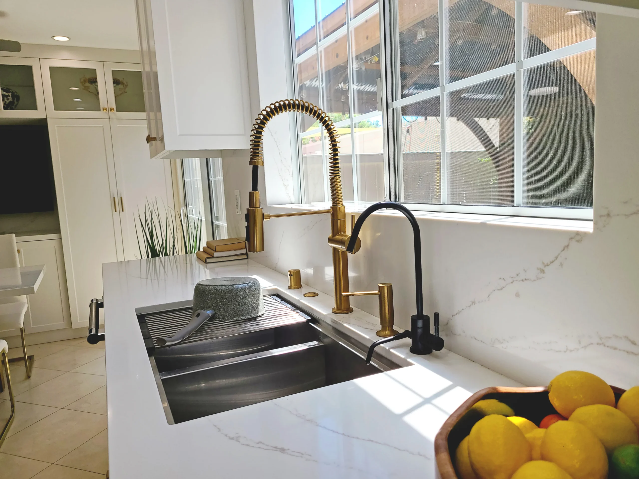 Kitchen Workstation Sink Brass Faucet Marble Backsplash, Tarzana CA Interior Conception