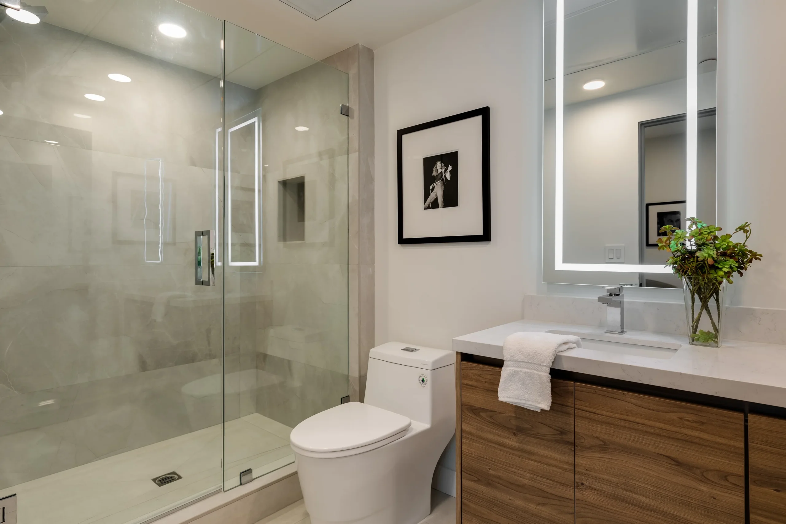 Bathroom Glass Shower Wood Vanity, Los Angeles Interior Design, Interior Conception