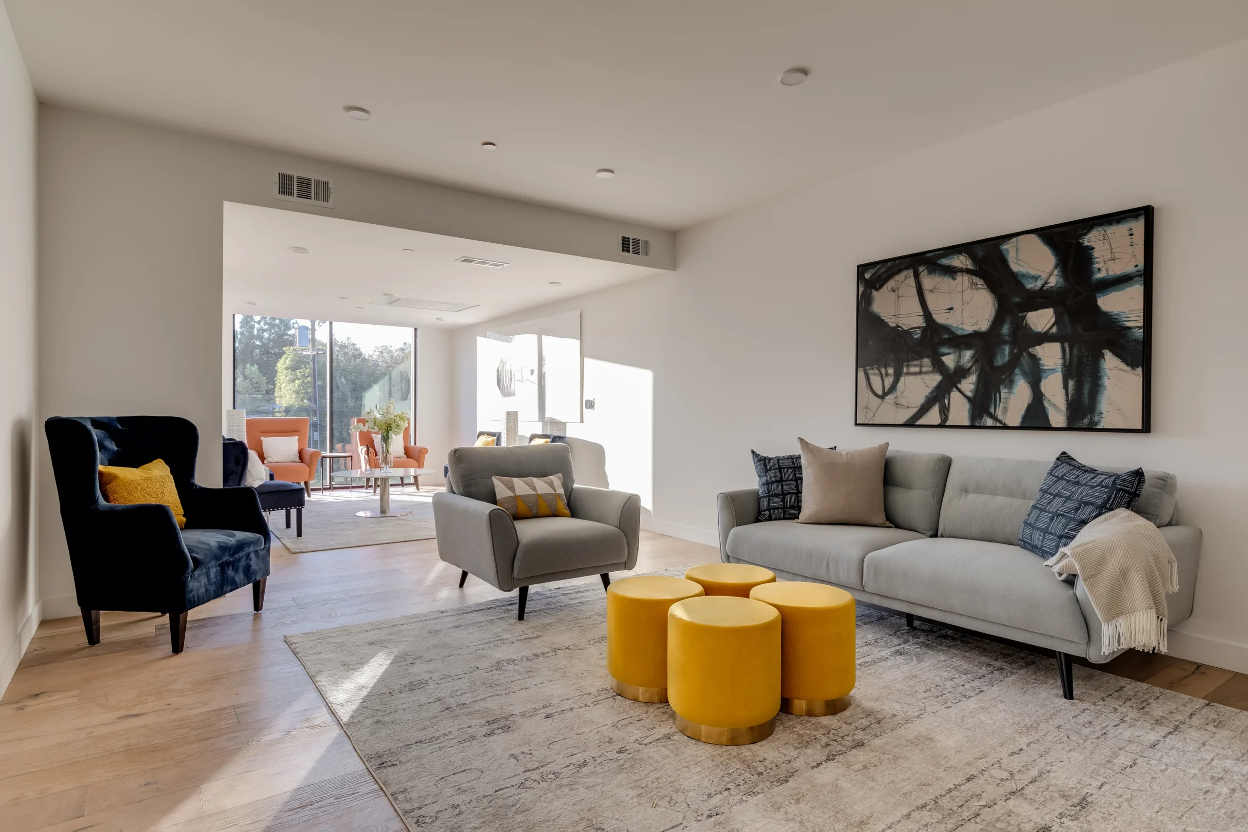 Common Lounge Sofa Yellow Ottomans, Los Angeles Interior Design, Interior Conception