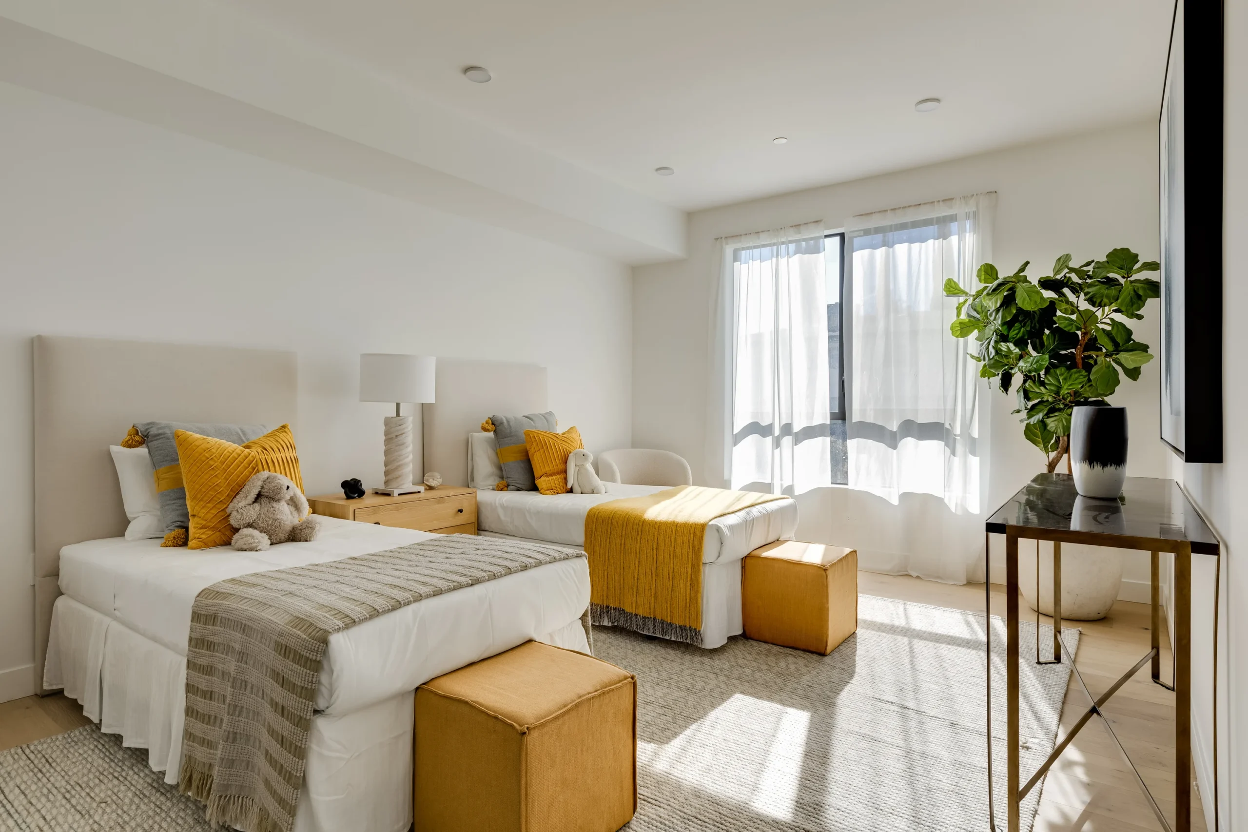 Twin Bedroom Yellow Accent Chairs, Los Angeles Interior Design, Interior Conception