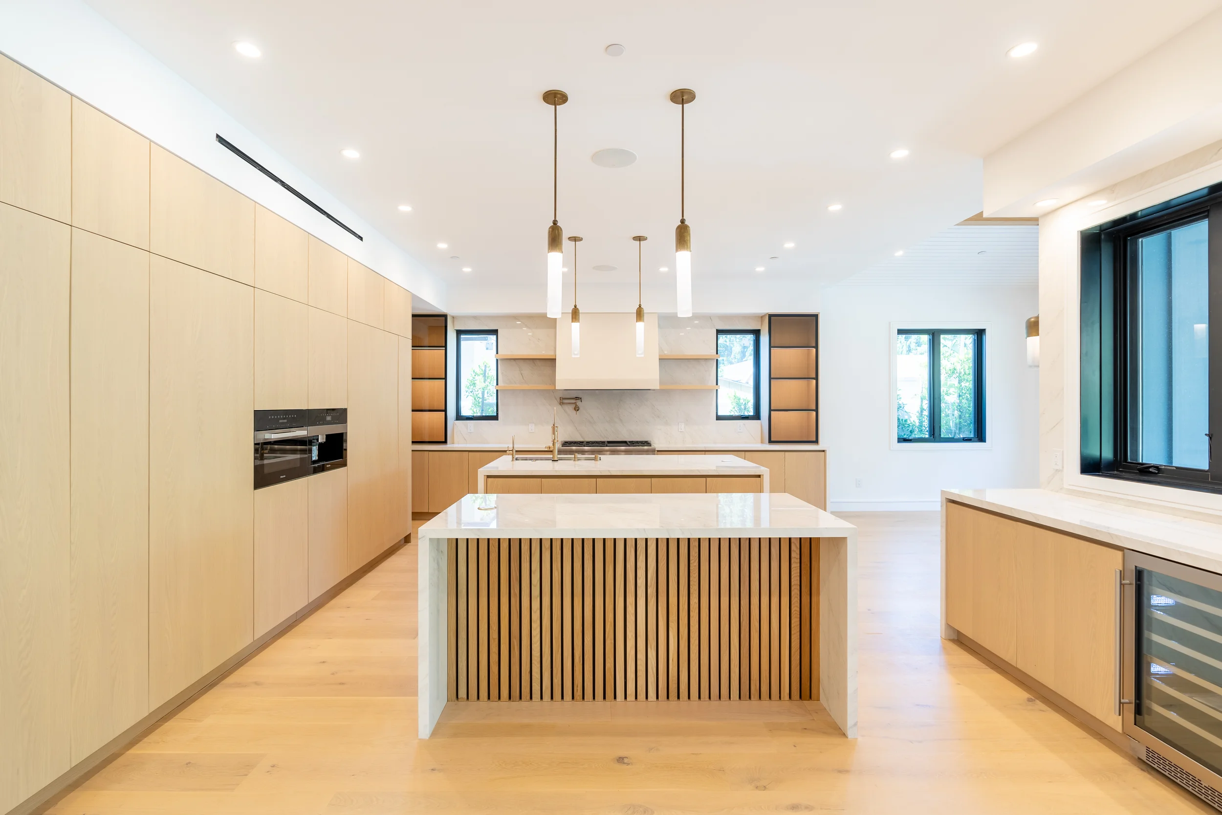 Modern Kitchen Slab Cabinets Waterfall Island, Sherman Oaks Interior Design, Interior Conception