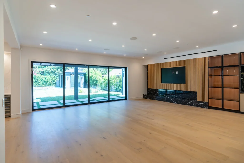 Open Living Room Media Wall Sliding Doors, Sherman Oaks Interior Design, Interior Conception