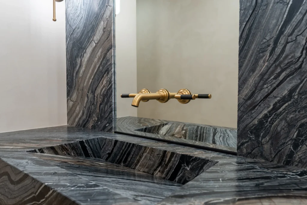 Powder Room Stone Vanity Brass Faucet, Sherman Oaks Interior Design, Interior Conception