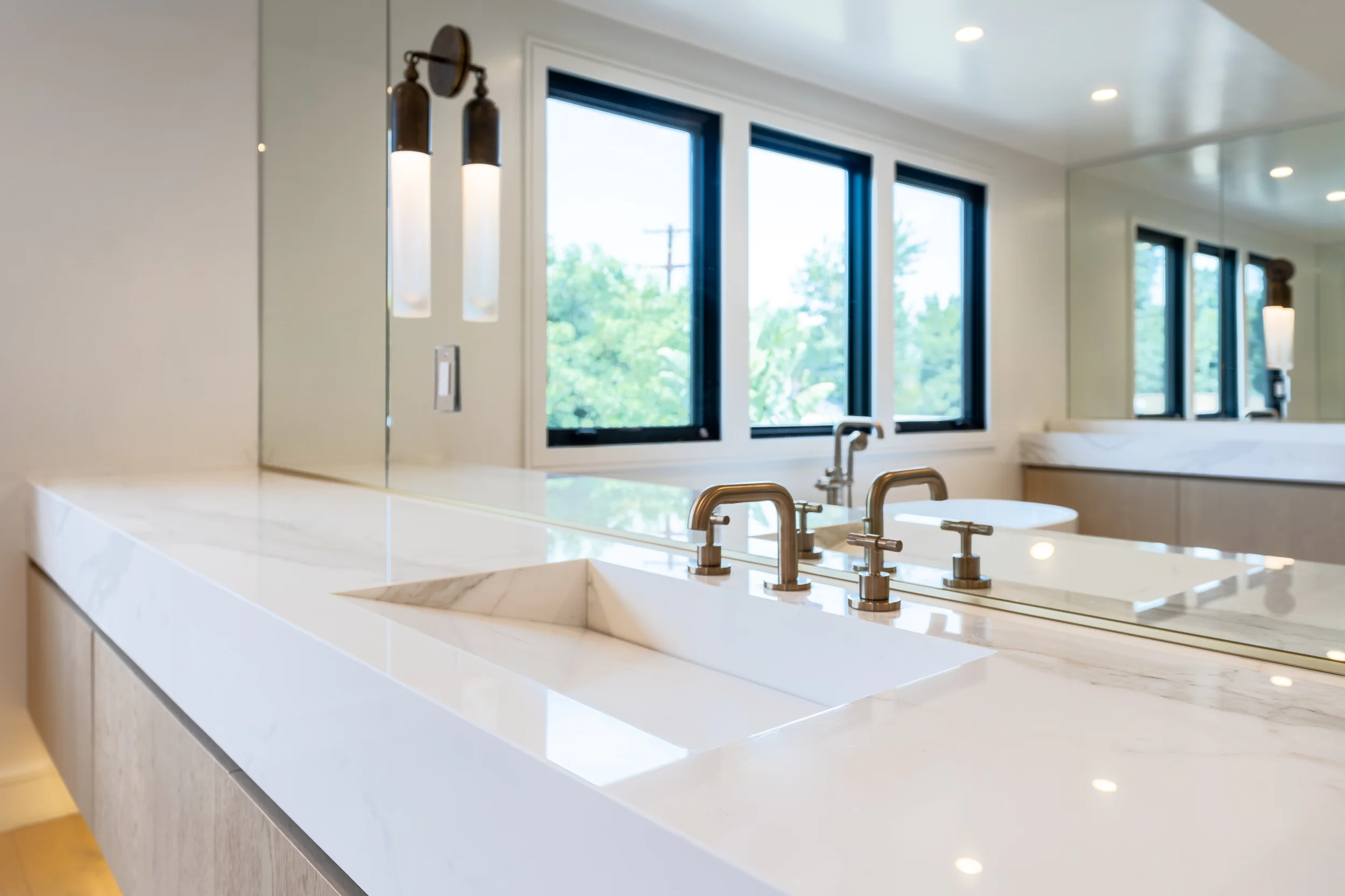 Primary Bath Floating Vanity Brass Fixtures, Sherman Oaks Interior Design, Interior Conception