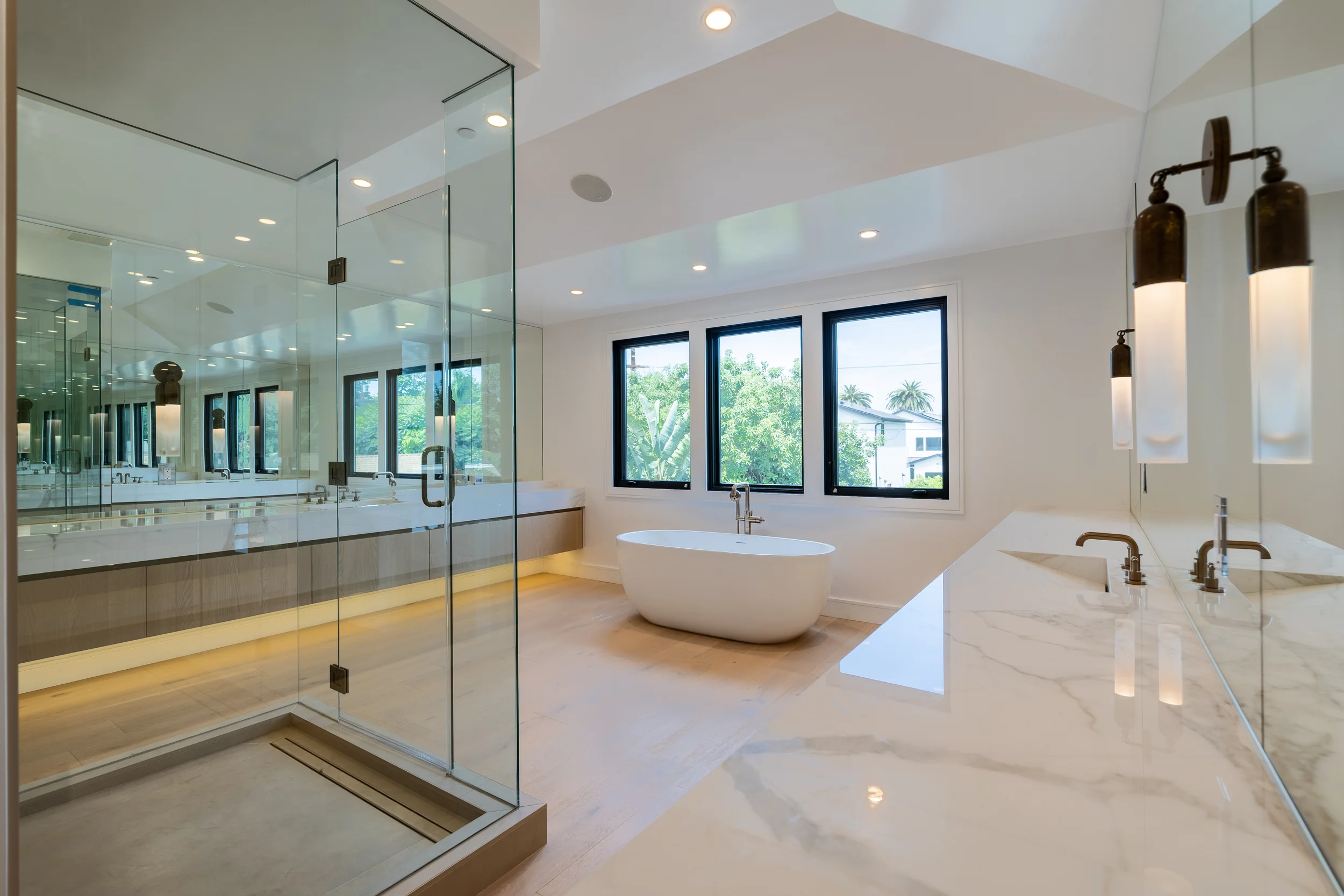 Primary Bath Glass Shower Freestanding Tub, Sherman Oaks Interior Design, Interior Conception