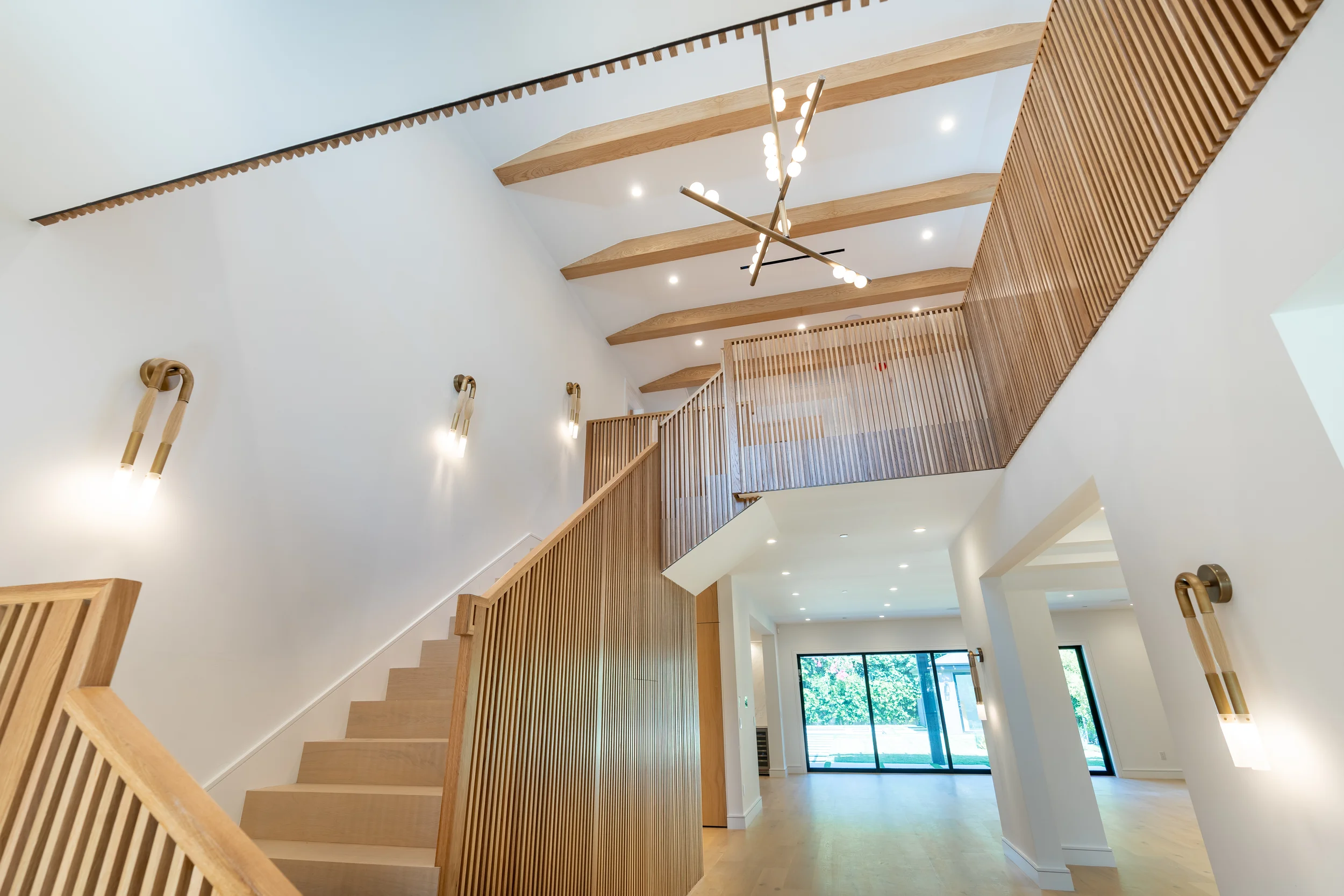 Staircase Wood Railing Feature Wall, Sherman Oaks Interior Design, Interior Conception