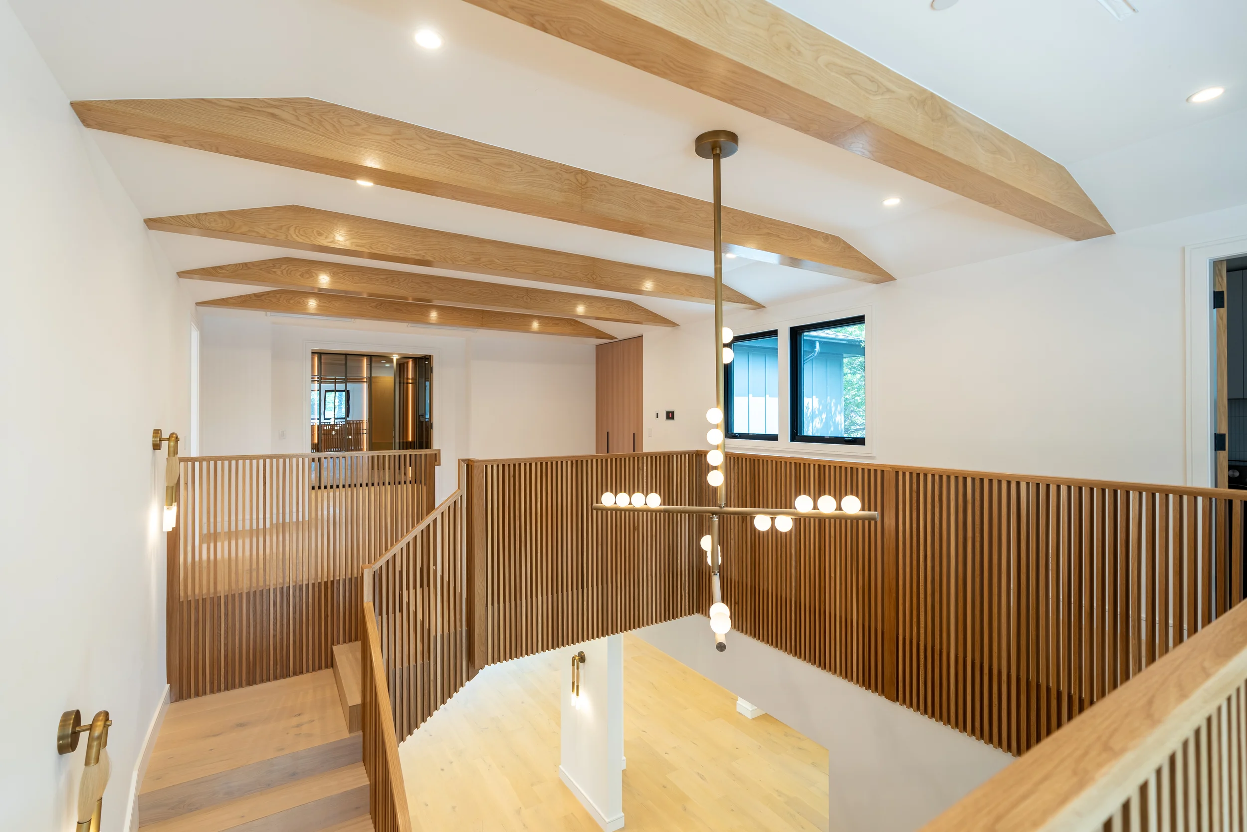 Staircase Wood Slat Railing Chandelier, Sherman Oaks Interior Design, Interior Conception